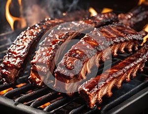 A mouthwatering closeup of succulent pork ribs sizzling on the barbecue - generated ai photos