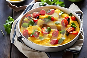Mouthwatering creamy polenta enhanced by the sweetness of the tomatoes and fresh vegetables, creating a memorable dining