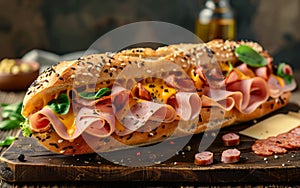 A mouthwatering deli-style sandwich with layers of flavorful cured meats, melted cheese, and crisp vegetables on a