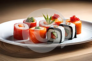 Mouthwatering Delicacy: Close-Up Shot of Exquisite Gourmet Sushi Dish in Food Photography with Generative AI