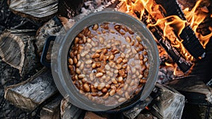 A mouthwatering dish of baked beans slowcooked over the fire creating a creamy and flavorful dish that pairs perfectly photo