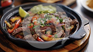 A mouthwatering dish of fajitas served piping hot with a side of fresh guacamole and salsa. The sizzle of the meat