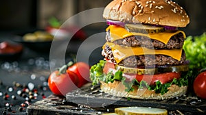 Mouthwatering Double Cheeseburger on Rustic Wooden Board