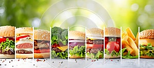 Mouthwatering fast food assortment in captivating collage, neatly divided by white vertical lines