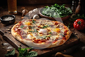 A mouthwatering, gourmet pizza, topped with an array of fresh ingredients and bubbling cheese, being pulled from a wood-fired oven