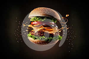 Mouthwatering hamburger soars through the air, showcasing its delicious ingredients against a captivating dark backdrop