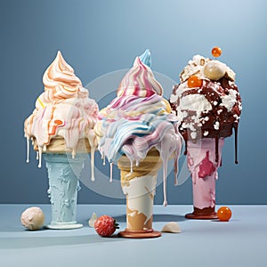 Mouthwatering Ice cream cones standing on a copy space blue background, ice cream wallpaper concept, AI generated