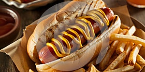 Mouthwatering image of a perfectly grilled hot dog with pile of golden, crispy french fries