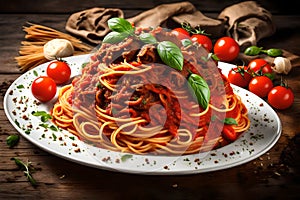 A mouthwatering image showcasing a plate of perfectly cooked spaghetti pasta generously coated with a savory tomato beef sauce.