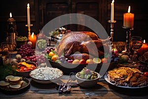 A mouthwatering image of a turkey sitting on a table with an assortment of other delectable dishes., Rustic Thankgiving Dinner, AI