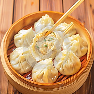 Mouthwatering manti dumplings showcased elegantly against wooden backdrop