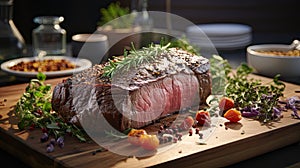 mouthwatering medium rare beef tenderloin steak with vegetables is placed on a plate on the dining table, ready to eat.Generative