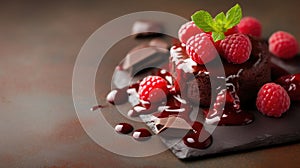 Mouthwatering molten chocolate cake garnished with raspberries and chocolate pieces on slate