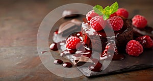 Mouthwatering molten chocolate cake garnished with raspberries and chocolate pieces on slate