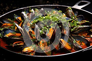 Mouthwatering Mussels boiled restaurant food. Generate AI photo