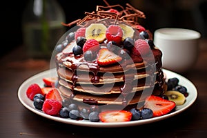 Mouthwatering Pancakes fruits chocolate honey. Generate Ai