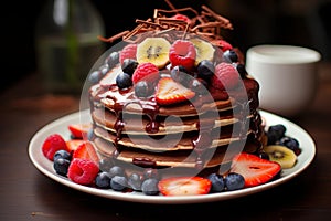 Mouthwatering Pancakes fruits chocolate honey. Generate Ai photo