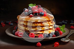 Mouthwatering Pancakes sweet berries. Generate Ai photo