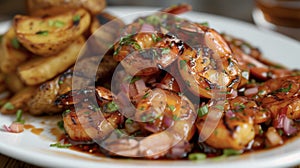 A mouthwatering pile of grilled shrimp bathed in a raging hot sauce and served with a side of crispy fried plantains