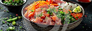 A mouthwatering poke bowl filled with an assortment of fresh seafood and colorful veggies, invit photo