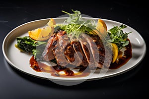 Mouthwatering Roasted duck dish plate. Generate ai