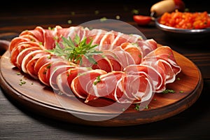 Mouthwatering Rolled sliced jamon. Generate Ai photo