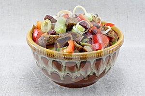 Mouthwatering salad of bread, tomatoe, beans