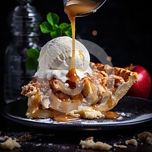 mouthwatering slice of homemade apple pie, with a dollop of creamy vanilla ice cream melting on top by AI generated