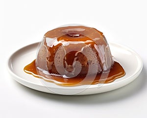 Mouthwatering sticky toffee pudding with caramel on a white background, Generative AI