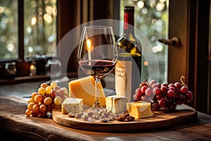 A Mouthwatering Still Life: Wine, Cheese, and Grapes on a Wooden Table