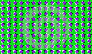 Optical illusion seamless pattern. Purple stars move on green background. Stars with bright colours a moving floor. Abstract