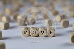 Move - cube with letters, sign with wooden cubes