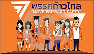 move forward party.english translation.thai alphabet.thai language. international business