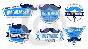 Movember badges set - prostate cancer awareness month. Men`s health concept. photo