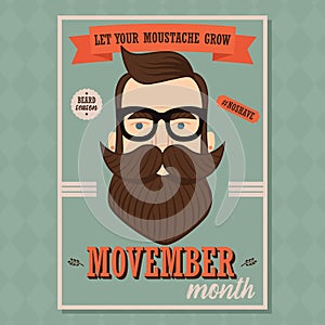 Movember poster design, prostate cancer awareness, hipster man with beard and moustache