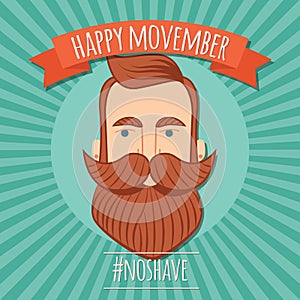 Movember poster design, prostate cancer awareness, hipster man with beard and moustache