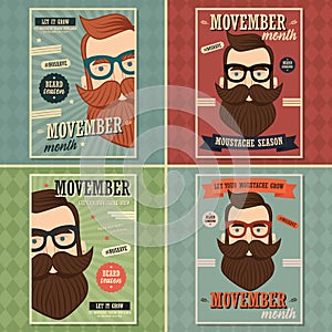Movember poster design, prostate cancer awareness, hipster man with beard and moustache