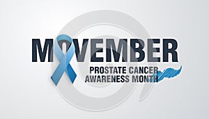 Movember, raise awareness of men`s health issues. like prostate cancer Vector background with text, ribbon and moustache. photo