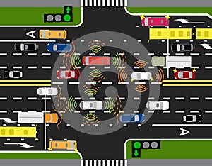 Movement of autonomous smart cars. Scanning roads, interaction. Automatic stops and traffic through the streets of