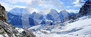 Movement of the clouds on the mountains Everest, Renjo Pass. Him