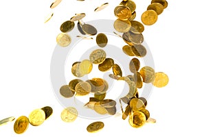 Movement of falling gold coin, flying coin, rain money isolated on white background, business and financial wealth and take profit