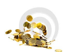 Movement of falling gold coin, flying coin, rain money isolated on white background, business and financial wealth and take profit