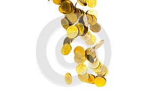 Movement of falling gold coin, flying coin, rain money isolated on white background, business and financial wealth and take profit