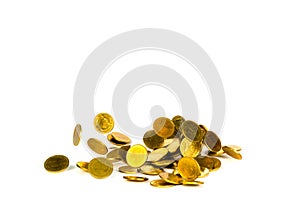 Movement of falling gold coin, flying coin, rain money isolated on white background, business and financial wealth and take profit