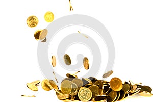 Movement of falling gold coin, flying coin, rain money isolated on white background, business and financial wealth and take profit