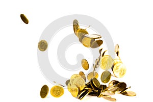 Movement of falling gold coin, flying coin, rain money isolated on white background, business and financial wealth and take profit