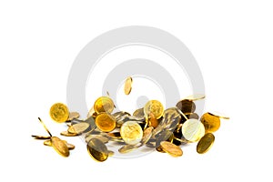 Movement of falling gold coin, flying coin, rain money isolated on white background, business and financial wealth and take profit