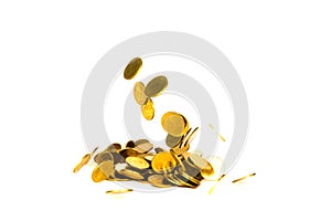 Movement of falling gold coin, flying coin, rain money isolated on white background, business and financial wealth and take profit