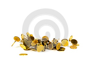 Movement of falling gold coin, flying coin, rain money isolated on white background, business and financial wealth and take profit