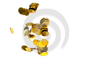 Movement of falling gold coin, flying coin, rain money isolated on white background, business and financial wealth and take profit